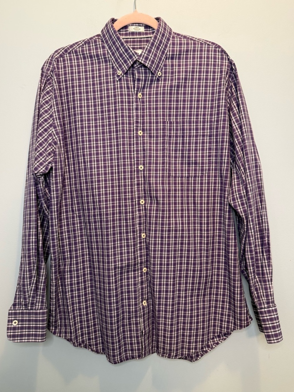 Peter Millar 100% Cotton Classic Purple Plaid Long Sleeve Button Down Size Large